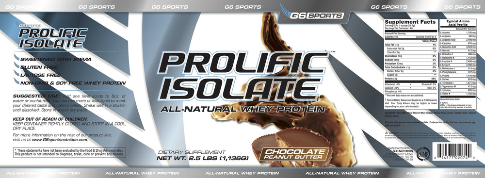 G6 Prolific Isolate powder scoop showing 25g protein per serving