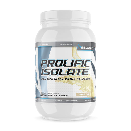 G6 Prolific Isolate jar front displays clean branding for all-natural protein support.