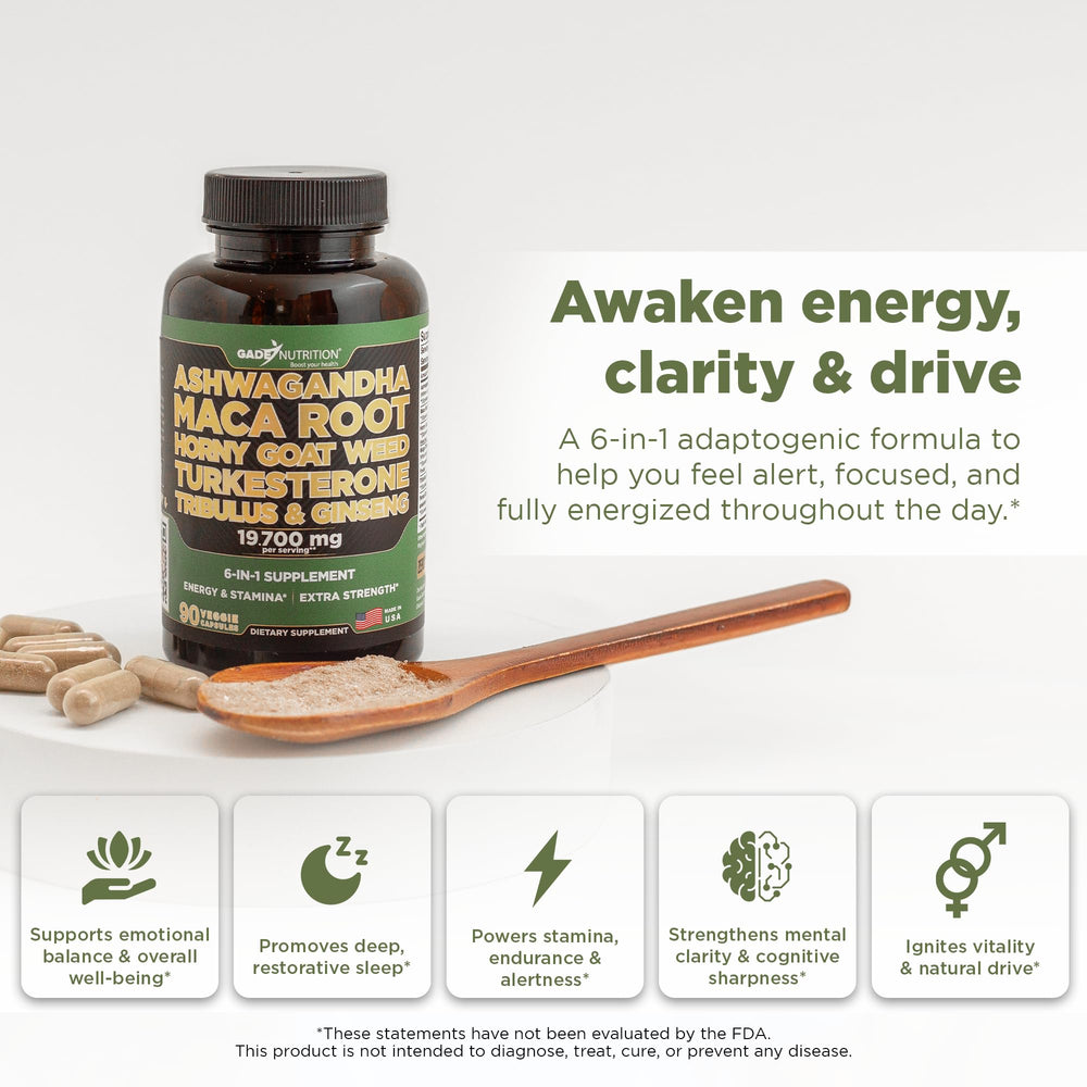 GADE NUTRITION Ashwagandha capsules close-up boosting energy and focus.