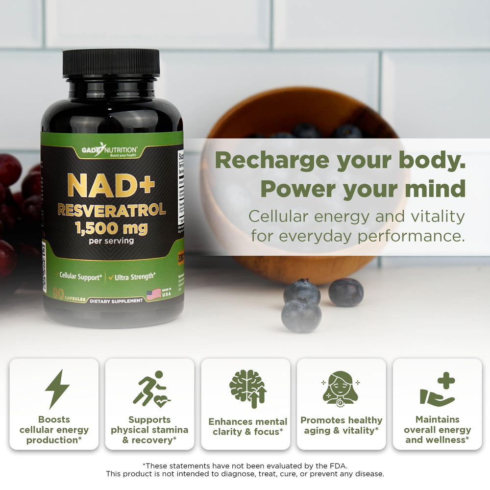 GADE Nutrition NAD+ with Resveratrol bottle side angle emphasizes liposomal delivery for better absorption
