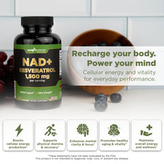 GADE Nutrition NAD+ with Resveratrol bottle side angle emphasizes liposomal delivery for better absorption