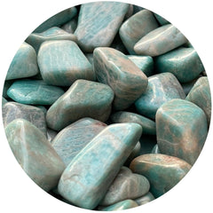 GAF Treasures amazonite tumbled stones on display for crystal grids and meditation.