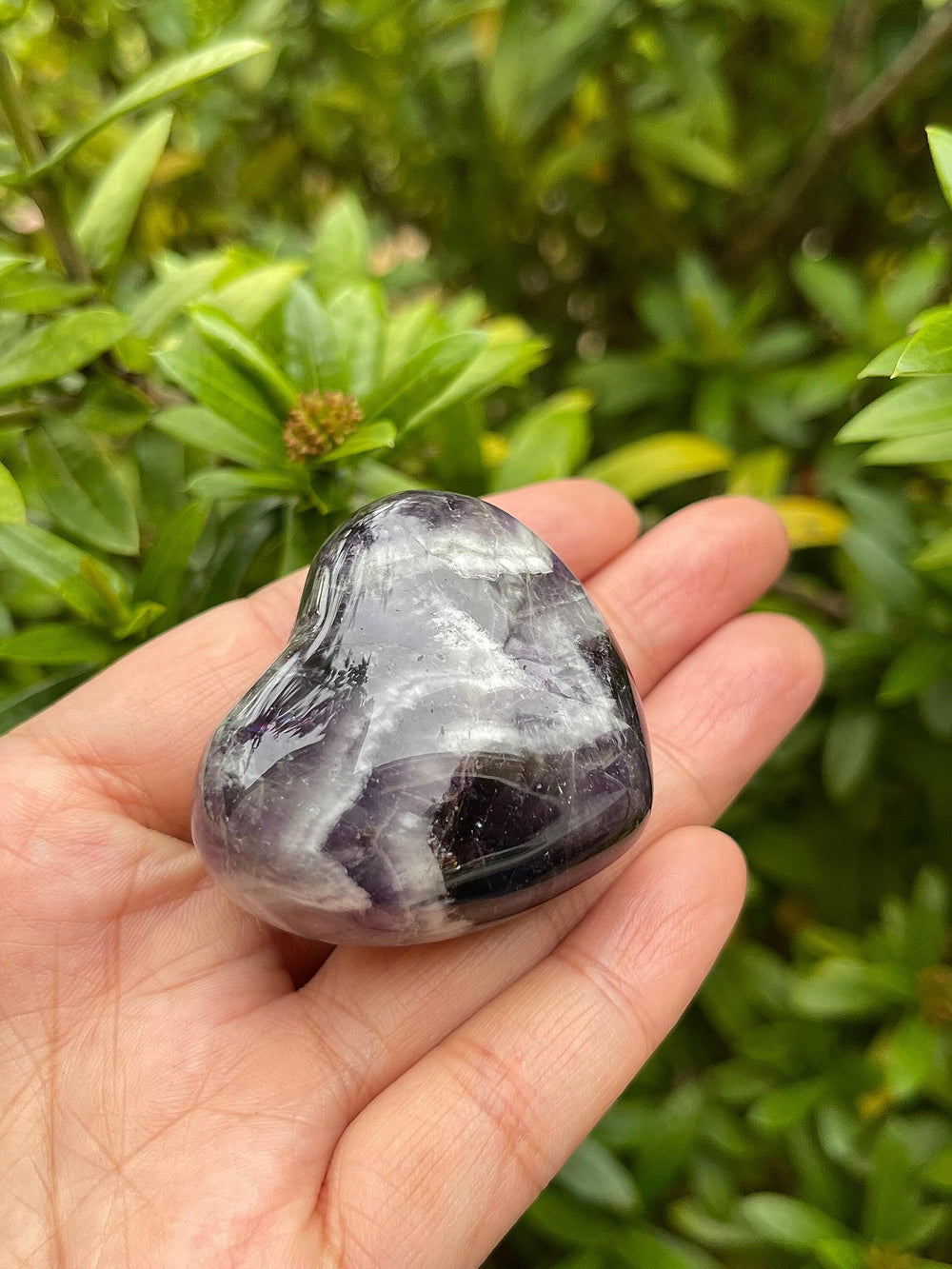 GAF Treasures Chevron Amethyst Healing Crystal Heart in a calm meditation setting.