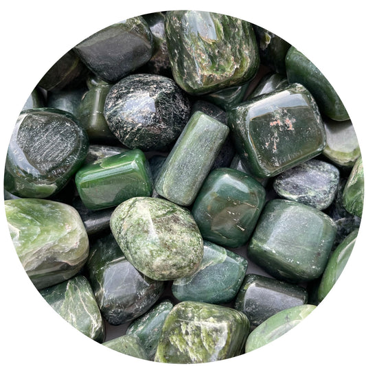 GAF Treasures nephrite jade tumbled stones close-up for meditation and pocket carry