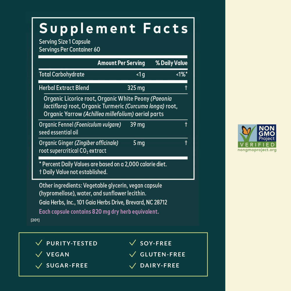 Gaia Herbs Cramp Relief label closeup highlighting fennel and licorice roots