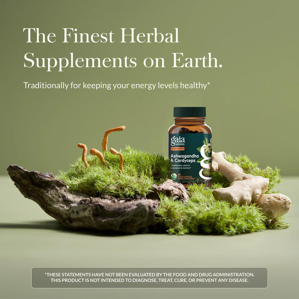Gaia Herbs Adaptogen Performance bottle label highlighting cordyceps and ashwagandha benefits