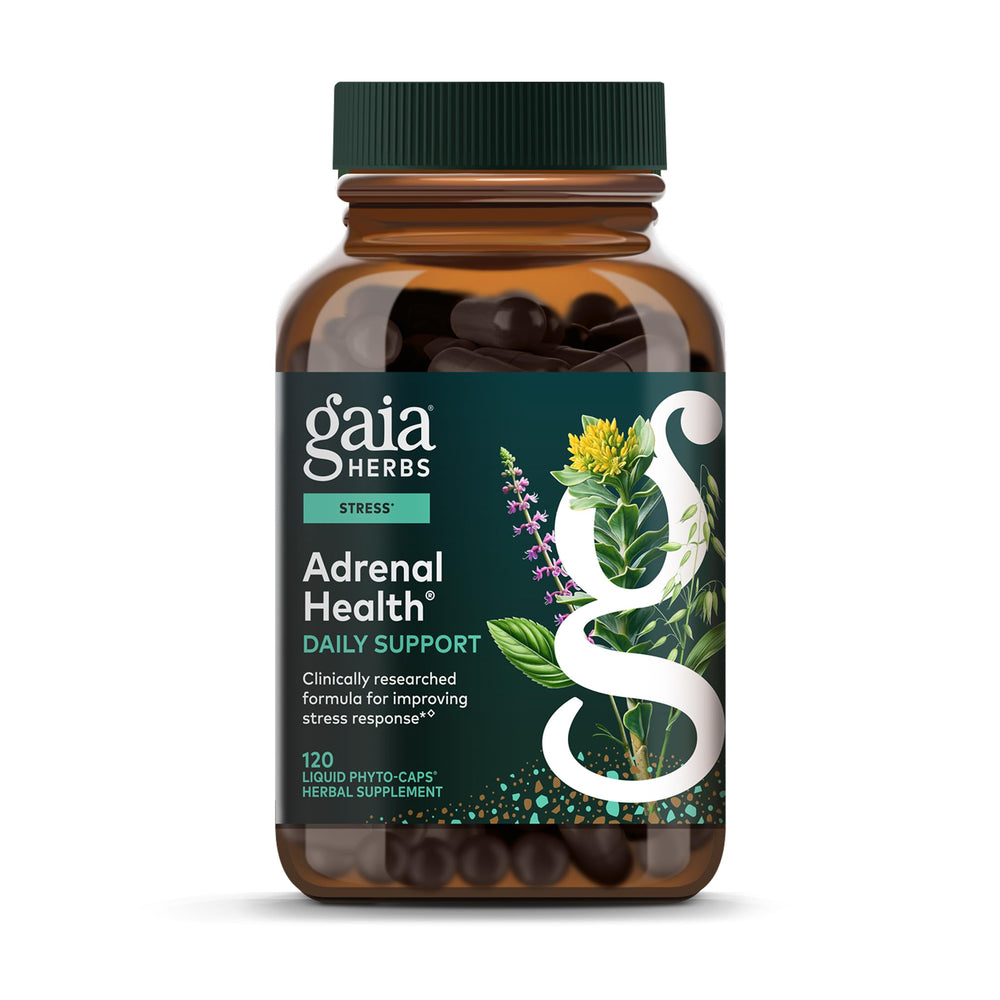 Gaia Herbs Adrenal Health Daily Support bottle and label highlighting adaptogenic blend.