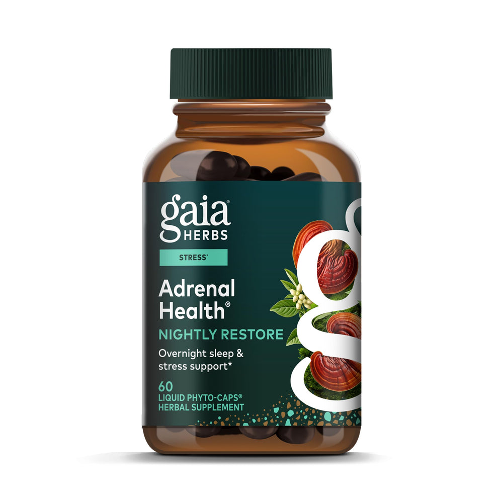 Gaia Herbs Adrenal Health Nightly Restore bottle with capsules for nighttime stress support