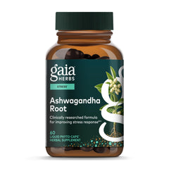 Gaia Herbs Ashwagandha Root bottle label shows organic origin