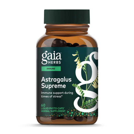 Gaia Herbs Astragalus Supreme bottle with vegan phyto-caps for immune support.