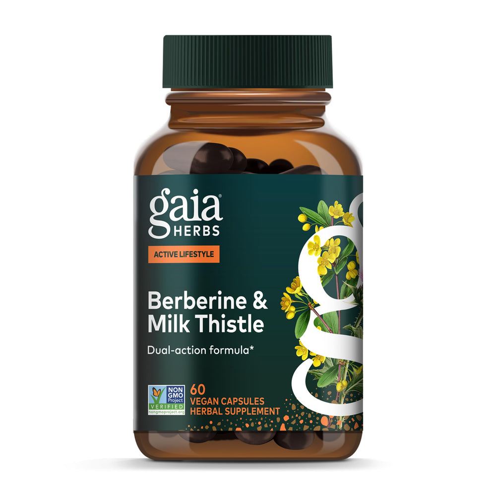 Gaia Herbs Berberine & Milk Thistle bottle shows a liver-friendly herbal blend.