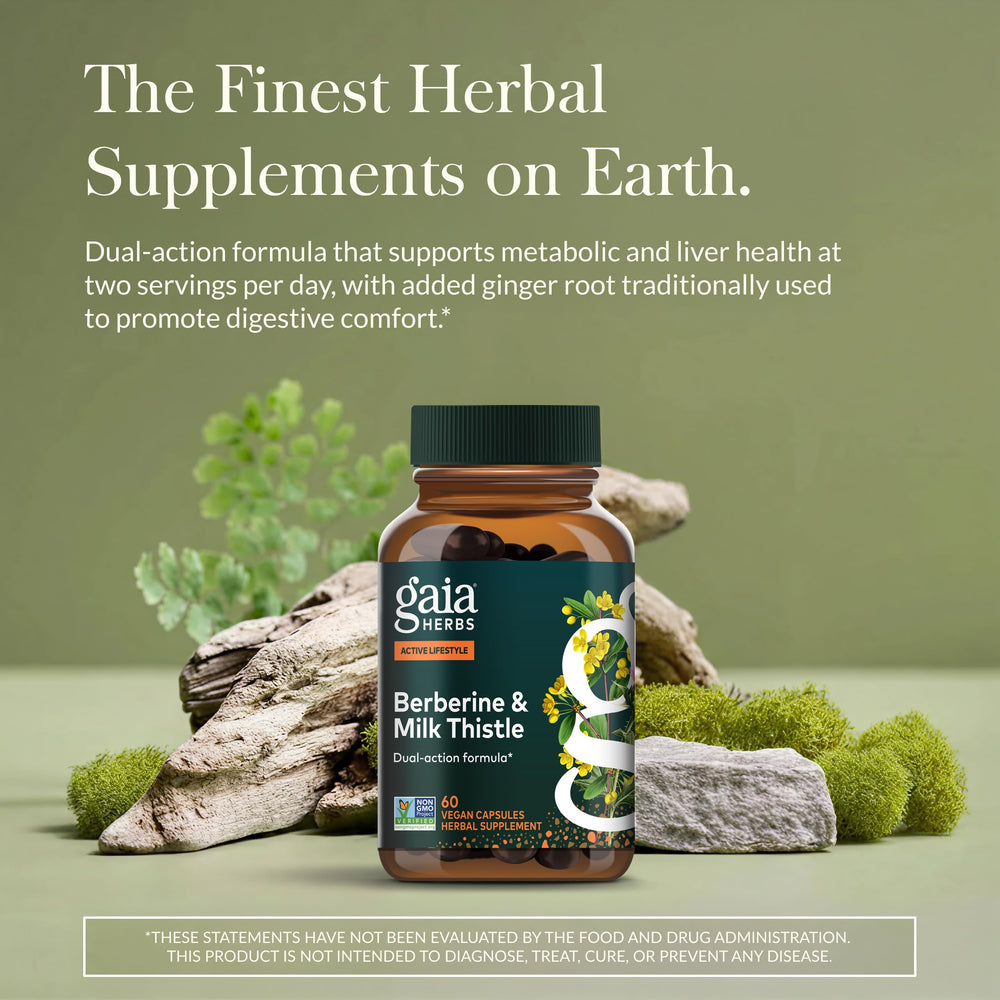Gaia Herbs Berberine & Milk Thistle capsules ready for daily use.