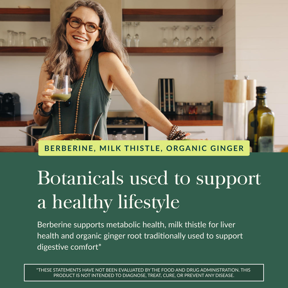 Gaia Herbs Berberine & Milk Thistle ingredients illustrate organic ginger root.