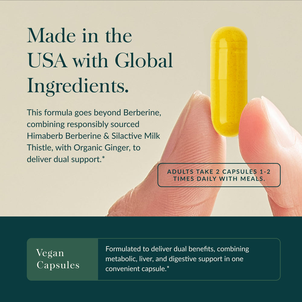 Gaia Herbs Berberine & Milk Thistle label highlights vegan and Non-GMO status.