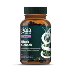 Gaia Herbs Black Cohosh bottle label showing 60 vegan capsules for menopause support