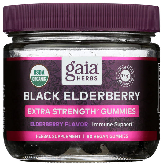 Gaia Herbs Black Elderberry gummies bottle front highlighting potent immune support potential