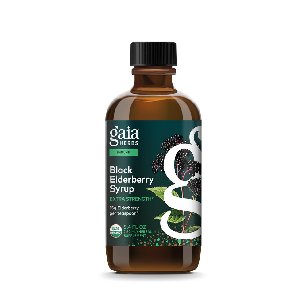 Gaia Herbs Black Elderberry Syrup bottle with organic ingredients for daily immune support.