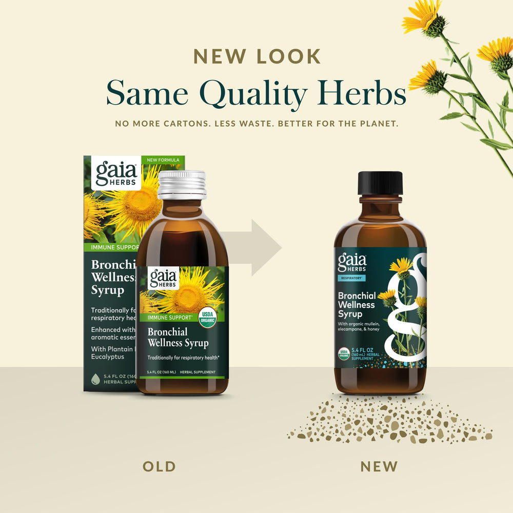 Gaia Herbs Bronchial Wellness Syrup glass bottle packaging showcases trusted brand quality.