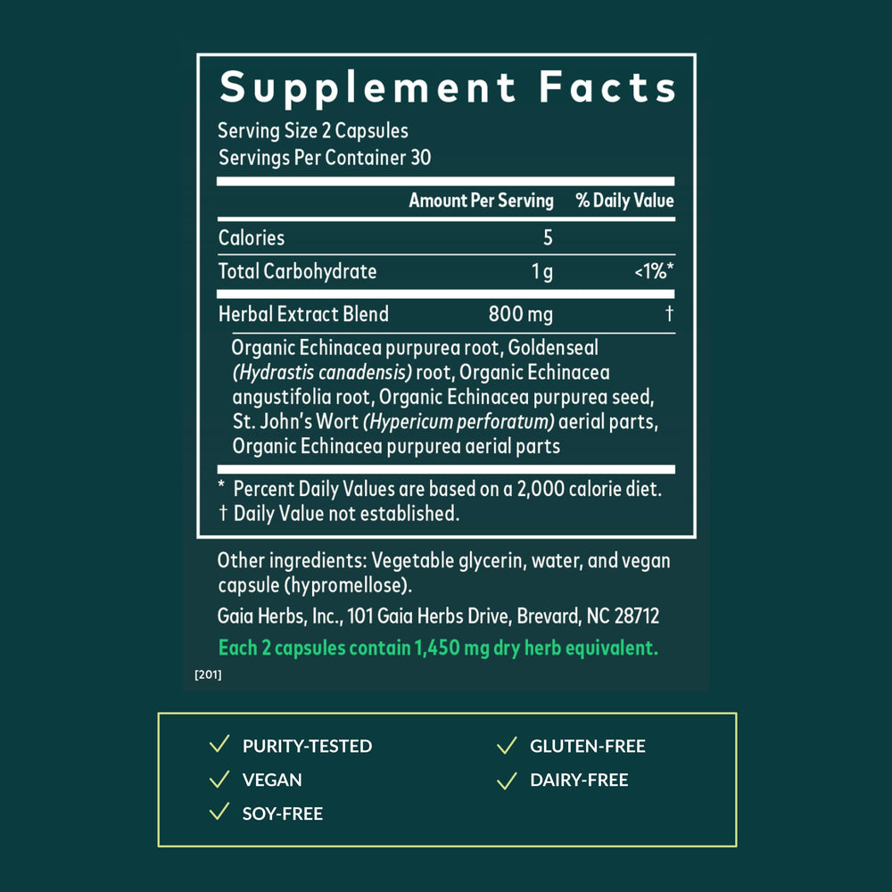 Gaia Herbs Echinacea Goldenseal capsules close-up highlighting herbal blend for respiratory support