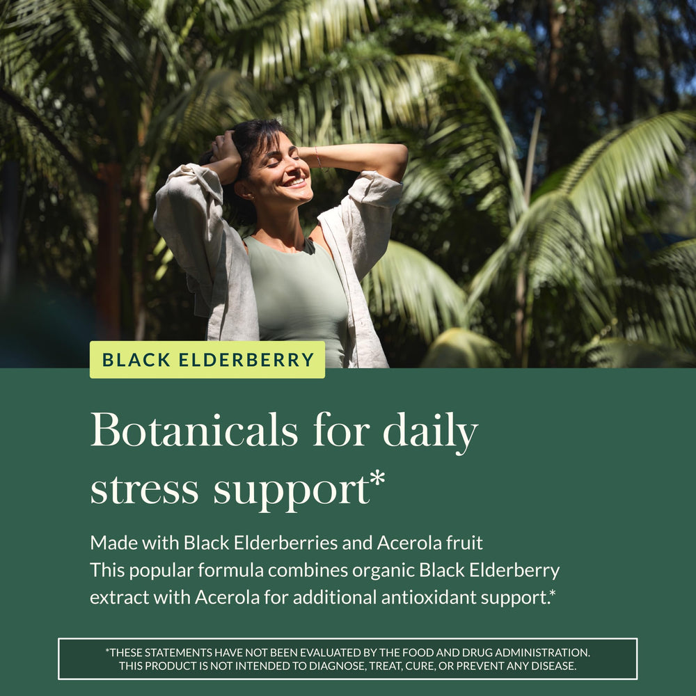 Gaia Herbs Elderberry packaging presentation emphasizes sustainable sourcing and quality