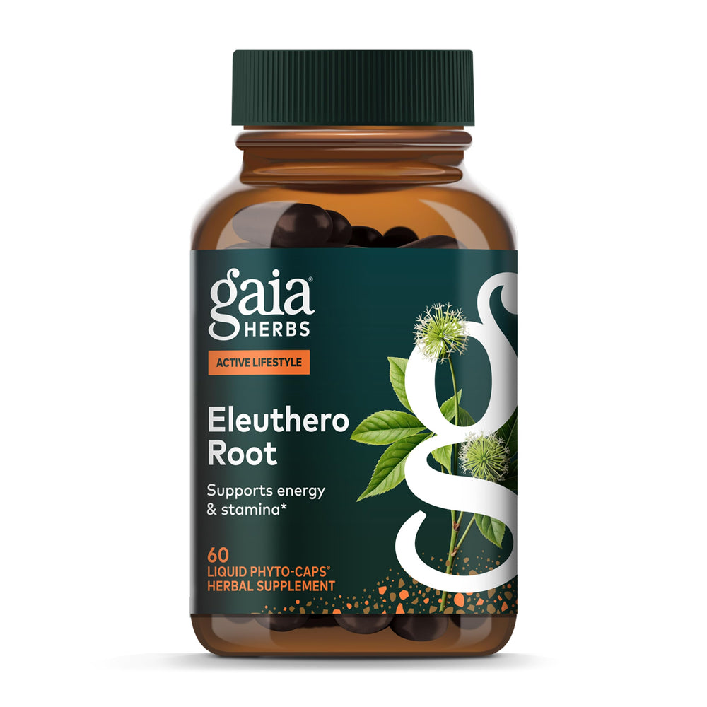 Gaia Herbs Eleuthero Root bottle pour supports daily energy.