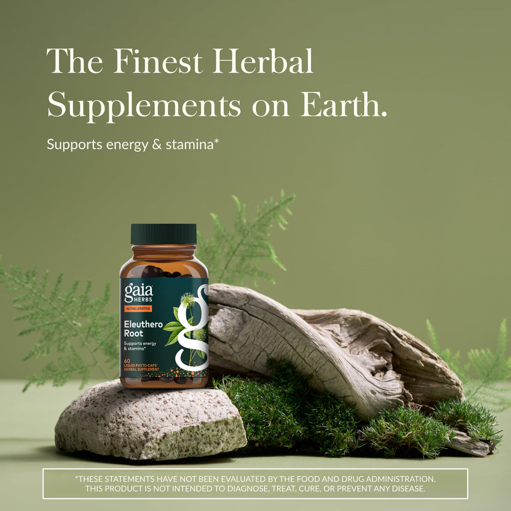 Gaia Herbs Eleuthero Root capsules close-up, vegan liquid formula.