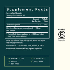Gaia Herbs Eleuthero Root label detail highlights quality.
