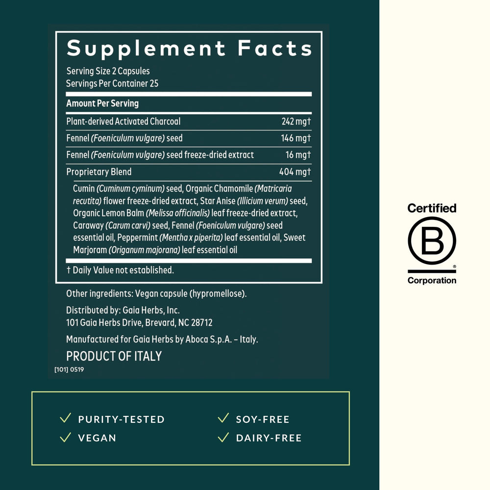 Gaia Herbs activated charcoal capsules for gentle digestive comfort.