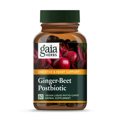Gaia Herbs Ginger-Beet Postbiotic bottle label highlighting gut support.