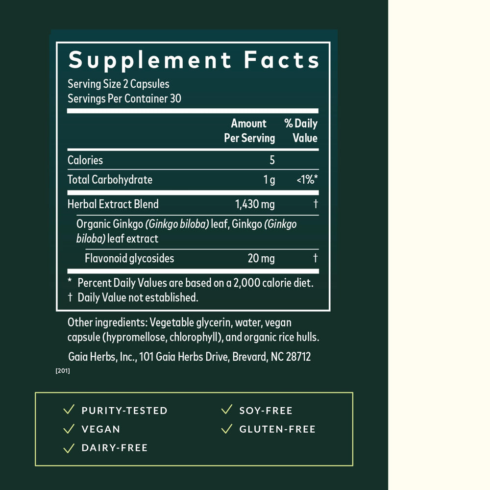 Gaia Herbs Ginkgo Leaf label highlights purity and traditional herbal heritage.