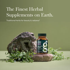 Gaia Herbs Hair, Skin & Nail Support capsules close-up highlighting herbal blend for skin vitality