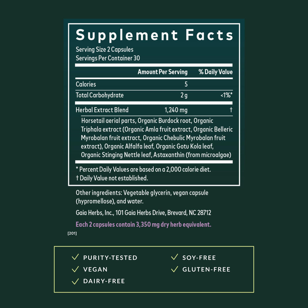 Gaia Herbs Hair, Skin & Nail Support bottle label showing gluten-free, dairy-free, soy-free formulation