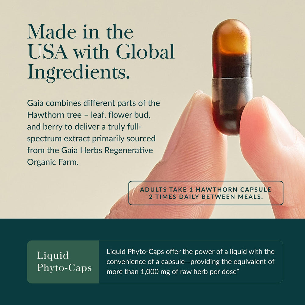 Gaia Herbs Hawthorn Supreme capsules outline, vegan liquid caps shown.