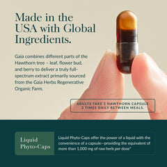 Gaia Herbs Hawthorn Supreme capsules outline, vegan liquid caps shown.