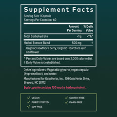 Gaia Herbs Hawthorn Supreme label close-up showing organic farm provenance.