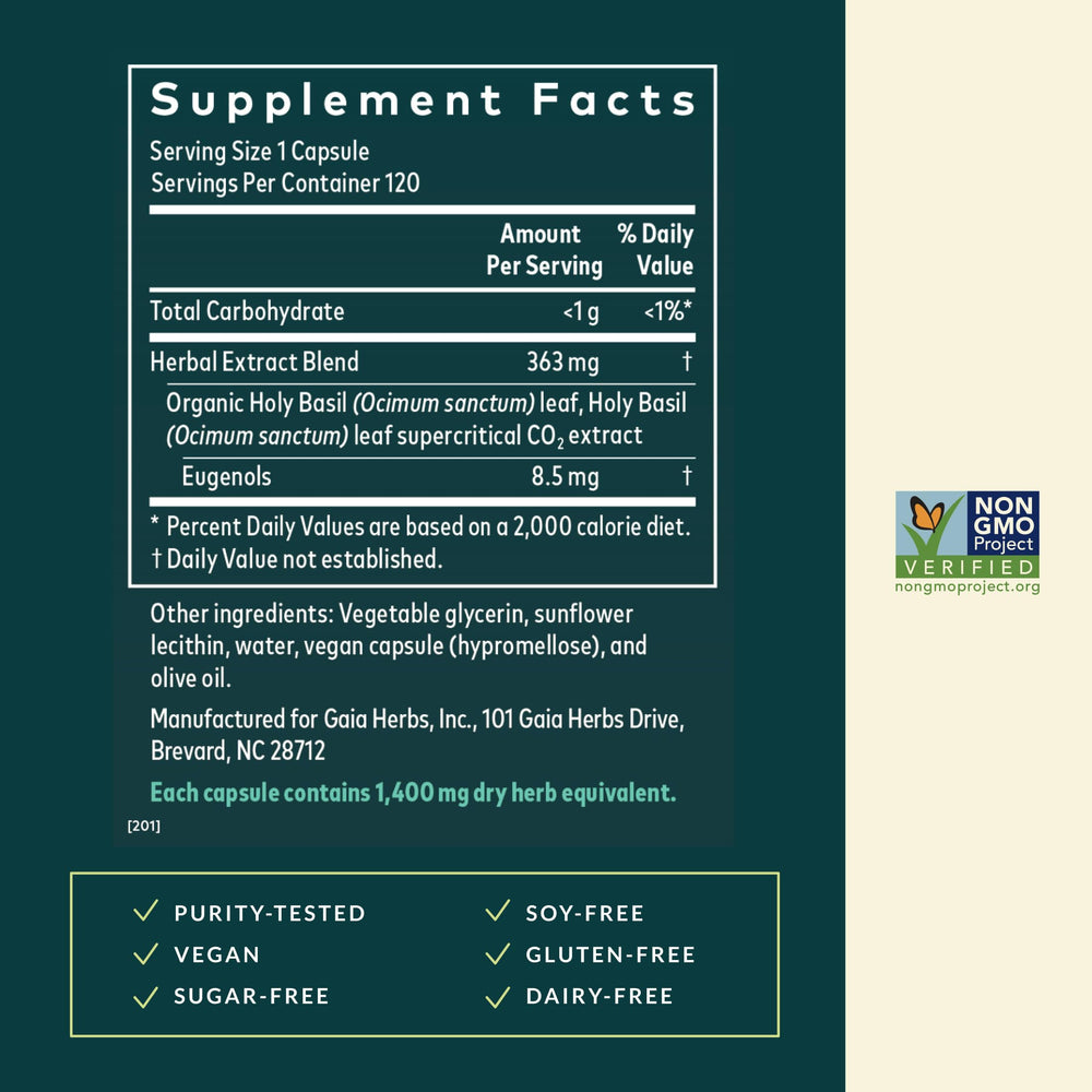 Gaia Herbs Holy Basil bottle and label highlighting Ayurvedic wellness support.