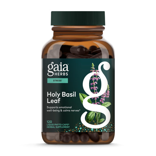 Gaia Herbs Holy Basil Leaf bottle with label for daily use and calm focus.
