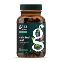 Gaia Herbs Holy Basil Leaf bottle with label for daily use and calm focus.