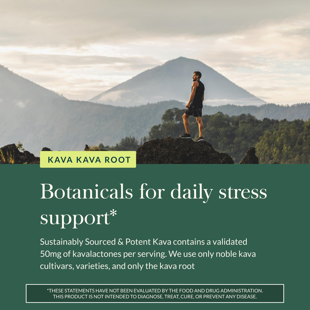 Gaia Herbs Kava Root glass bottle in a calm, serene setting.