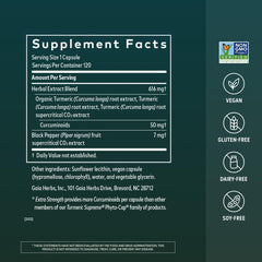 Gaia Herbs label close-up highlighting curcumin and black pepper blend for absorption benefit