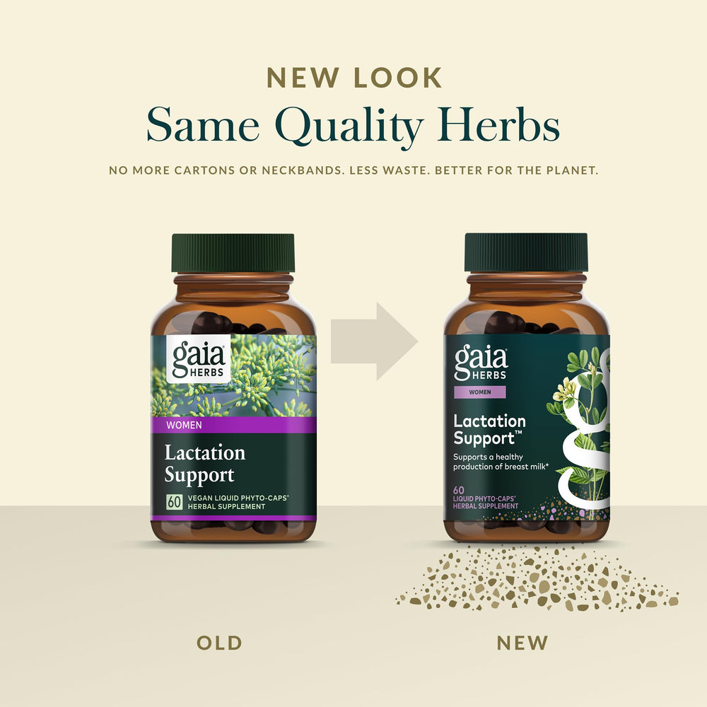 Gaia Herbs Lactation Support bottle label with clear packaging and dosage details.