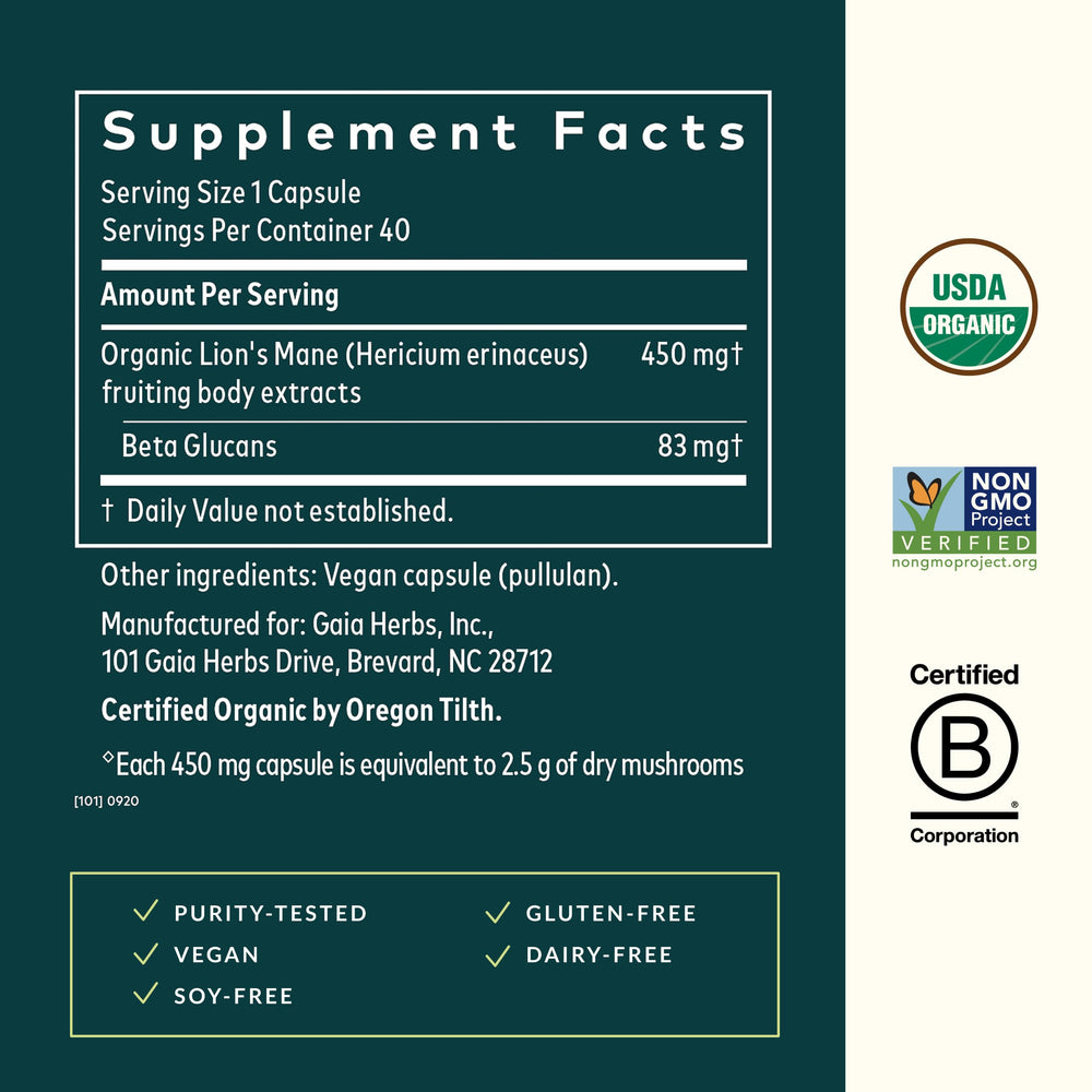 Gaia Herbs Lion's Mane capsules stack for daily brain support