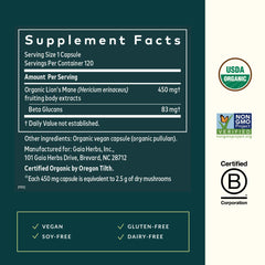 Gaia Herbs Lion's Mane label detail with organic certification