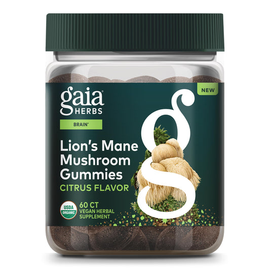 Gaia Herbs Lions Mane Gummies bottle close-up for brain support.