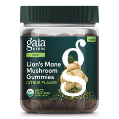 Gaia Herbs Lions Mane Gummies bottle close-up for brain support.