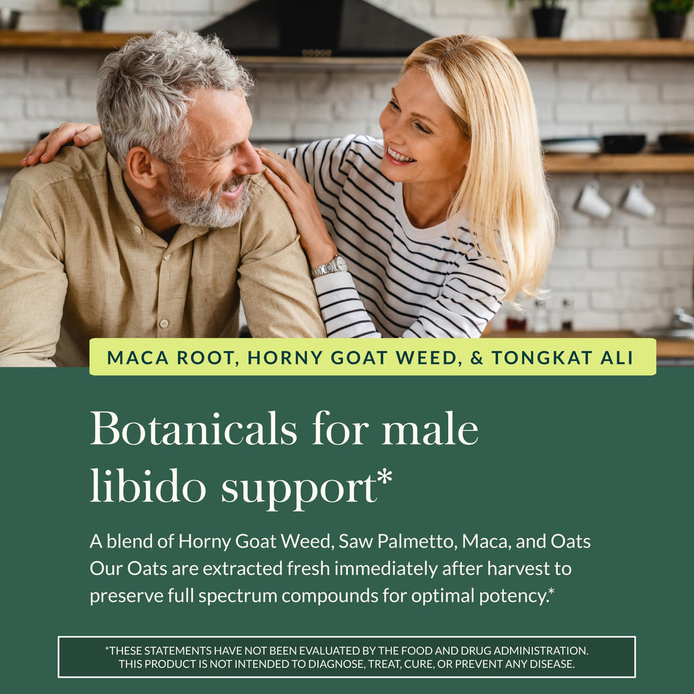 Gaia Herbs Male Libido ingredients close-up showing saw palmetto and oats