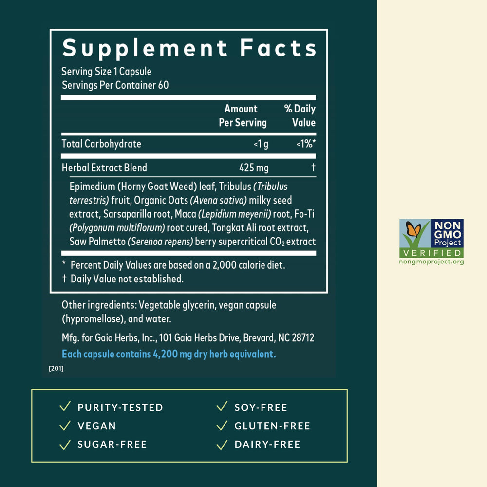 Gaia Herbs Male Libido label close-up emphasizing herbal blend