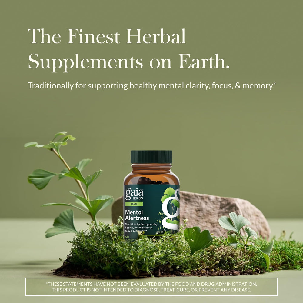 Close-up of Gaia Herbs Mental Alertness capsules for clear memory support.