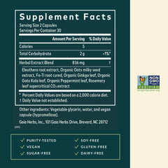 Gaia Herbs Mental Alertness featuring eleuthero root detail for balanced energy.