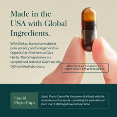 Gaia Herbs Mental Alertness with ginkgo leaf close-up for cognitive wellness.
